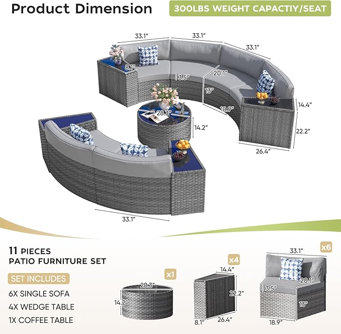 ABCASA Outdoor Patio Furniture Set with Coffee Table,11 Pieces Half-Moon Curved Outdoor Sectional Sofa and Side Table Waterproof Cover, Wicker Rattan Patio Coversation Set for Porch,Backyard(Grey)