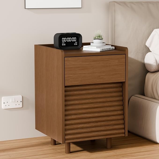 Wooden Night Stand with LED Light, Modern Mid-Century Side Table, 2-Drawer Bedside End Table with Solid Wood Legs for Bedroom, Dorm and Small Spaces, Walnut - Image 9
