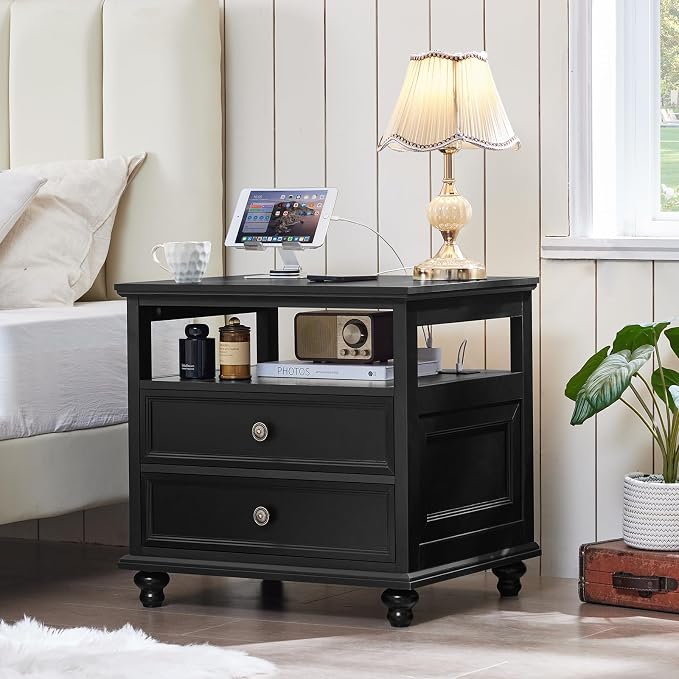 Joaxswe Farmhouse Nightstand with Charging Station, 24" Wide End Table with 2 Drawers, Black Dresser for Bedroom, Bed Side Table Chest of Drawers Cabinet,Wood Night Stand for Living Room, Closet - Image 3