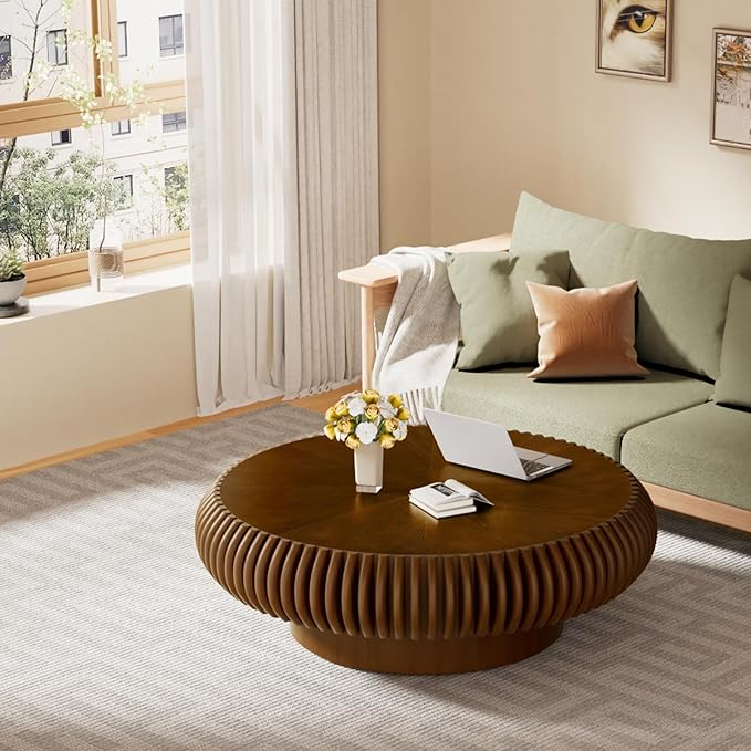 Round Drum Coffee Table Modern Unique Circle Drum Coffee Tables Mid Century Coffee Table with Sturdy Pedestal Fluted Tea Table for Living Room Office Small Space (31.5in Walnut)