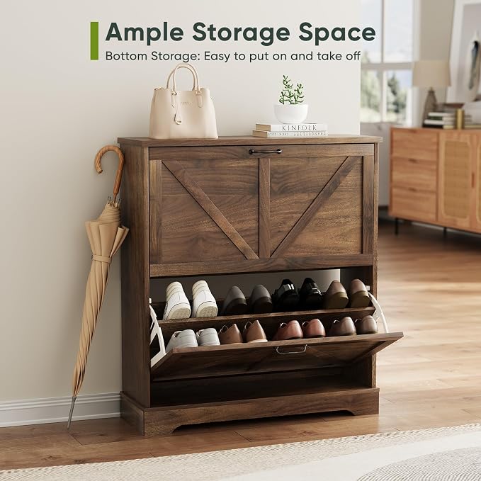 Smart FENDEE Shoe Cabinet, Shoe Storage Cabinet for Entryway with 2 Flip Drawers, Narrow Farmhouse Shoe Organizer Cabinet, Slim Shoe Rack Cabinet, 31.5in Walnut - Image 6