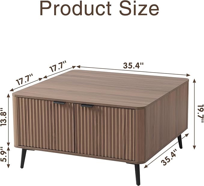 Lift Top Coffee Table with Large Hidden Compartment, 35.4" Wide Square Coffee Table with Storage, Mid Century Modern Fluted Center Table for Home Living Room, Brown