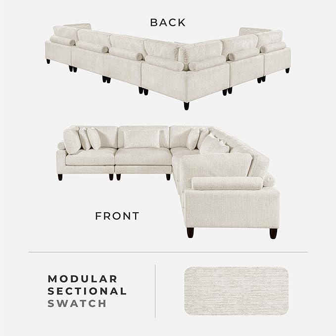 Lexicon 120 Inch Modular Sectional Sofa - Oversized 6 Seater Microfiber L Shaped Sectional Couch, 9 Accent Pillows, and Flexible Arrangement for Modern Living Rooms, Beige