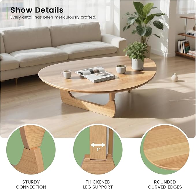 Solid Wooden Modern Triangle Coffee Table: Unique Funky Coffee Tables for Living Room, Oval Mid-Century Irregular Abstract Tea Tables for Patio Office Balcony Bedroom (Natural, 35" L x 24" W x 16" H)