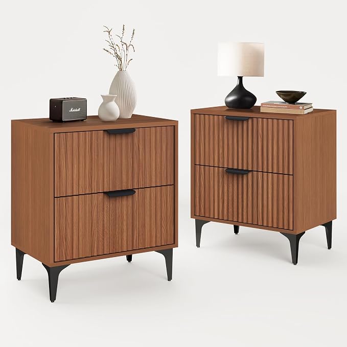SUNWAVE Walnut Fluted Nightstand Set of 2, Modern Night Stands with 2 Drawers, Bedside Table for Twin/Full/Queen Bed, End Table with Robot-Friendly Metal Legs for Bedroom, Living Room by SUNWAVEHOME