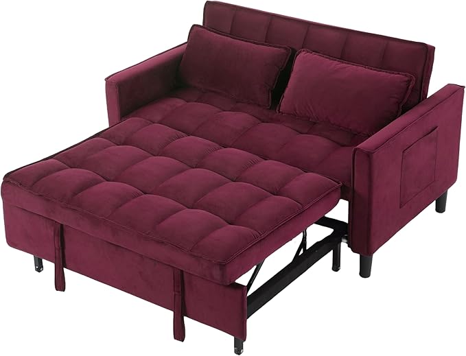 3 in 1 Convertible Sofa Bed, Love Seat Sleeper Bed with Side Pockets, Velvet Fabric Pull Out Couch with Adjustable Backrest for Living Room, Bedroom, Apartment, Purplish-Red