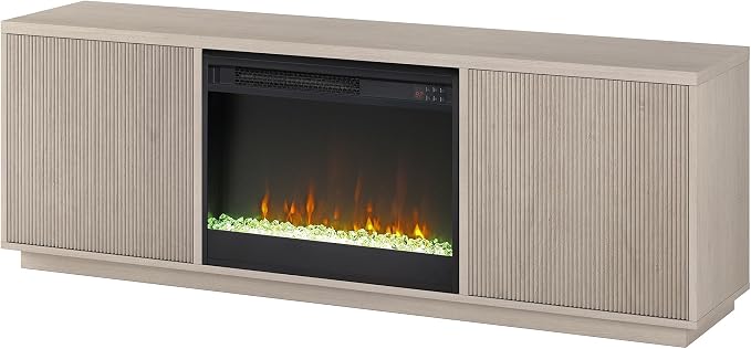 Henn&Hart Fluted TV Stand for TVs up to 75" with 26" Electric Crystal Rocks Fireplace and Ribbed Side Storage Cabinets for Living Room, Family Room, or Office, Beech White - Image 8