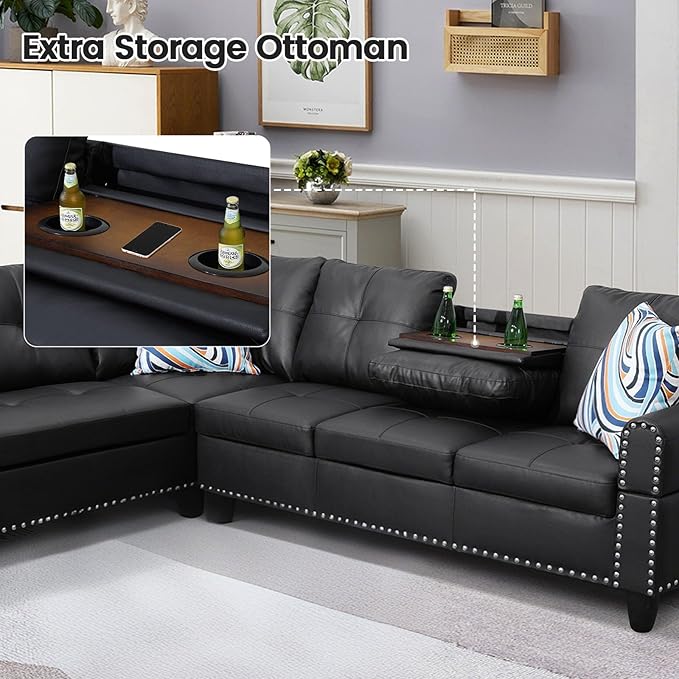 L Shape Sectional Couch with Chaise, 97.5 Inch Modular Sofa with Cup Holders, Sectional Couches for Living Room, Ergonomic Reclined Backrest, for Office and Small Apartment, Black