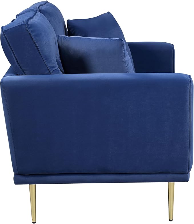Lexicon Velvet Sofa Couch, Modern Couches, Metal Seat Base Metal Legs with Gold-Tone Finish, 82 inch Sofa with 2 Throw Pillows, 3 Seater Couches for Living Room, Bedroom, Apartment, Blue