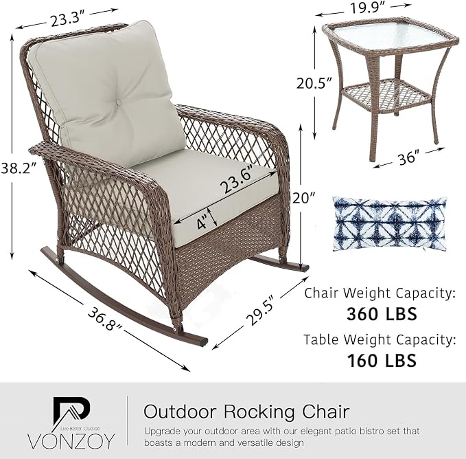 Patio Furniture Set 3 Pieces, Rocking Bistro Set with Thick Cushions, Brown Wicker Outdoor Rocker Chairs and Coffee Table for Porch, Backyard or Garden (Pale White) - Image 6