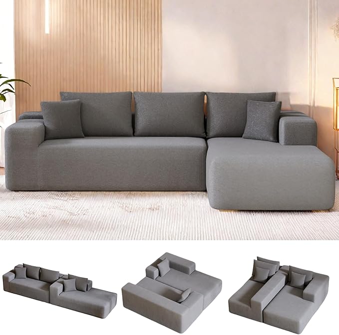 104” Sectional Cloud Couch, L-Shape Compressed Sofa with Left Chaise Lounge, Modular Cloud Couch with 2 Pillows & Deep Seat, Rain Drop Velvet Floor Sofa for Living Room, Light Gray