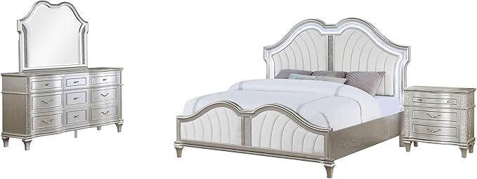 Coaster Home Furnishings Evangeline Modern Classic 4-Piece Bedroom Set Chenille Upholstered Queen Size LED Panel Bed Frame 64-inch Headboard Silver Oak 223391Q-S4