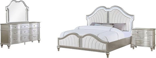 Coaster Home Furnishings Evangeline Modern Classic 4-Piece Bedroom Set Chenille Upholstered Eastern King Size LED Panel Bed Frame 67-inch Headboard Silver Oak 223391KE-S4