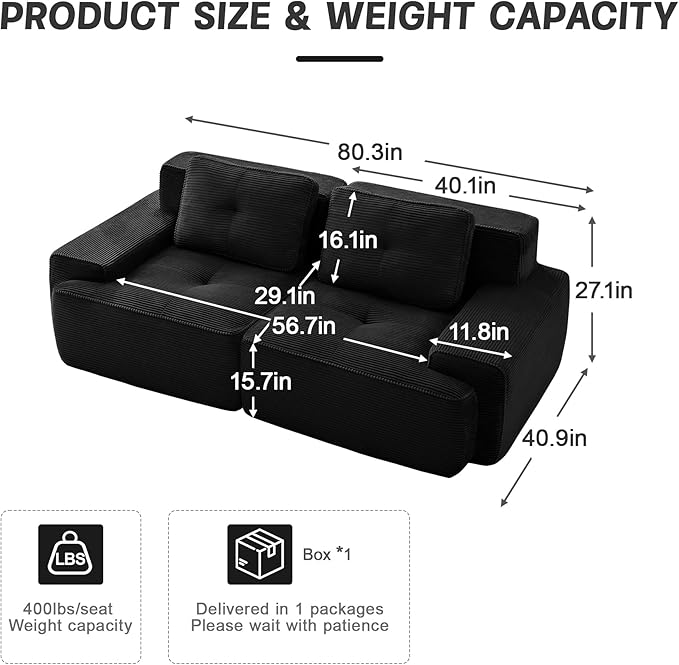 Casaphoria 80'' Corduroy Couch Sectional, 2 Seater Boneless Couches for Living Room, Black Modular Cloud Sofa with 2-Pillow, Extra Deep Seat Sofa with No Assembly