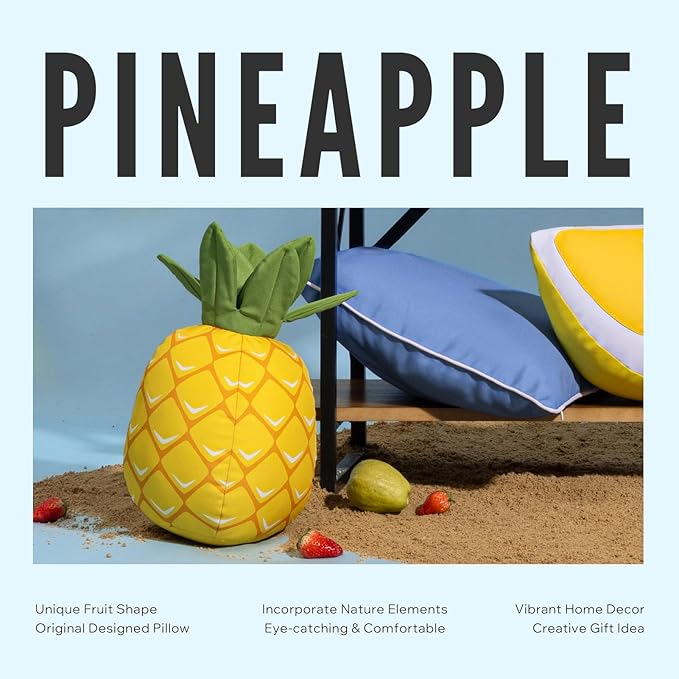 Phantoscope Fruit Outdoor Shaped Pillow Series Pineapple Shaped Waterproof Outdoor Throw Pillow with Leather Trim, Home Decor Cushion for Patio, Pool, Yellow and Green, 11.5 x 9.5 inches