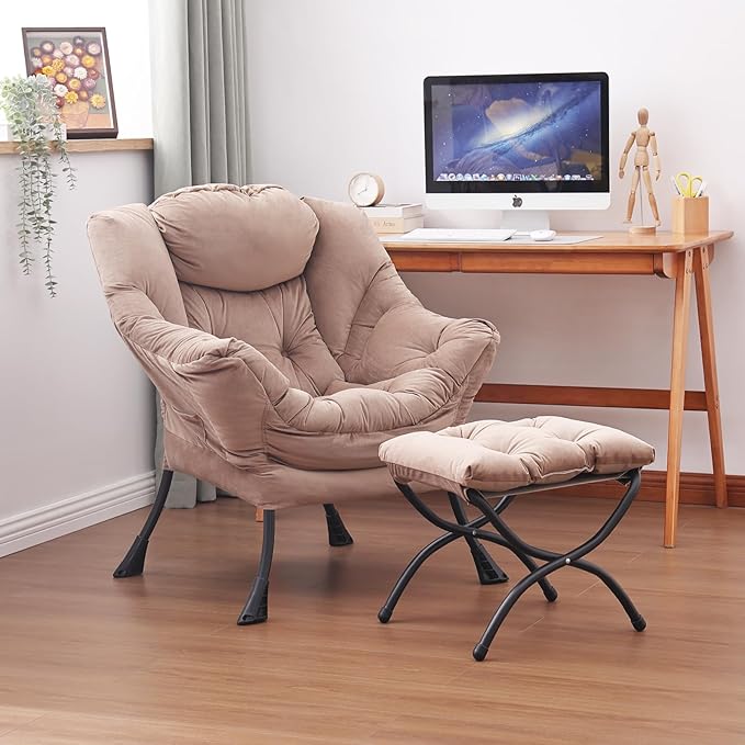 Lazy Chair and Ottoman, Large Velvet Brown Accent Chair with a Side Pocket, Modern Leisure Upholstered Sofa Reading Armchair with Footrest for Office, Bedroom, Living Room, Dorm Rooms, Balcony