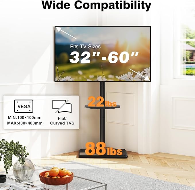 TVON Floor TV Stand with Mount for Most 32-60 Inch Flat/Curved TVs up to 88 lbs, Height Adjustable TV Mount Stand with Wood Base, Swivel TV Stand for Bedroom, Corner & Living Room, Max VESA 400x400mm - Image 7