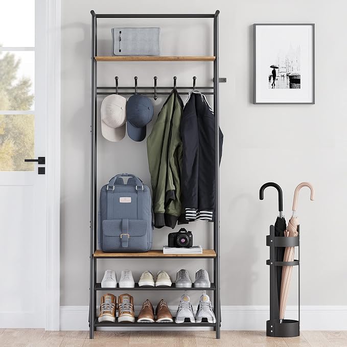 IDEALHOUSE Coat Rack Shoe Bench with 5 Hooks, Hall Trees Entryway Bench with Storage, Multifunctional Hallway Organizer, Wood Look Accent Furniture with Metal Frame for Entryway, Living Room, Bedroom - Image 6