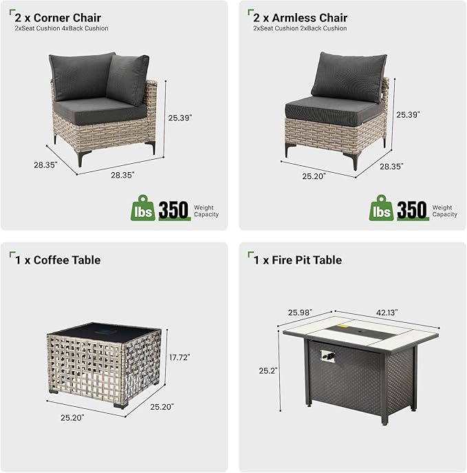 6 Pcs Patio Furniture with Fire Pit Table, Outdoor Rattan Wicker Conversation Set with Glowing Coffee Table, Comfy Sectional Sofa for Porch Balcony Backyard Pool, Black