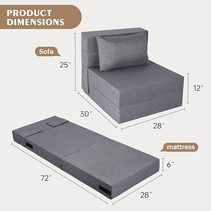 Folding Sofa Bed, Convertible Futon Sofa Bed with Pillow, Fold Out Couch with Washable Cover, Foldable Sleeper Chair for Living Room, Dorm, Guest Room, Single Size, Light Grey
