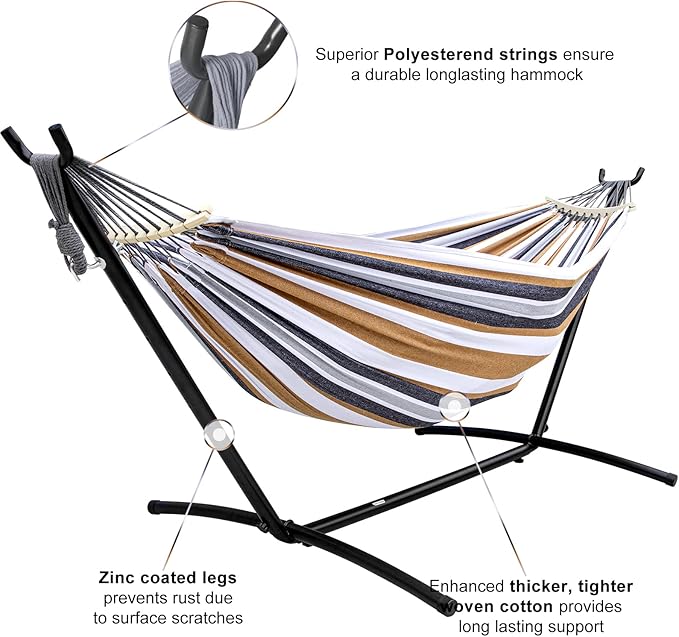 SZHLUX Double Hammock with Stand Included 450lb Capacity Steel Stand, Premium Carry Bag Included and Two Anti Roll Balance Beam, Portable Hammock with Stand for Backyard, Camping,Garden Brown Stripes - Image 5