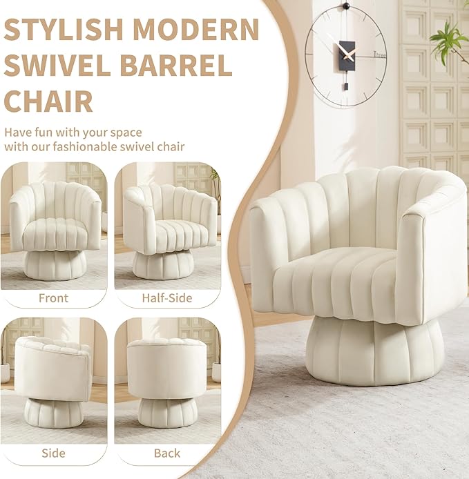 Swivel Accent Barrel Chair - Cute Comfy Small Round 360° Arm Chair Velvet Sofa Club Reading Chair for Living Room Bedroom Office Beige