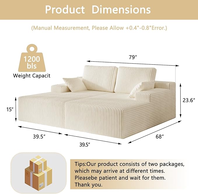 106" Boneless Couches for Living Room, Modular Sectional Sofa, L-Shape Sofa Couches,Cloud Couch Sectional, Comfy Corduroy Sofa, with Deep Seat, No Assembly Required (Beige, Loveseat Chaise)