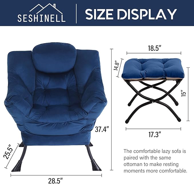 Lazy Chair with Ottoman, Modern Accent Chair Sofa Chair with Armrests, Reading Chair and Folding Footstool for Living Room, Bedroom, Office, Royal Blue