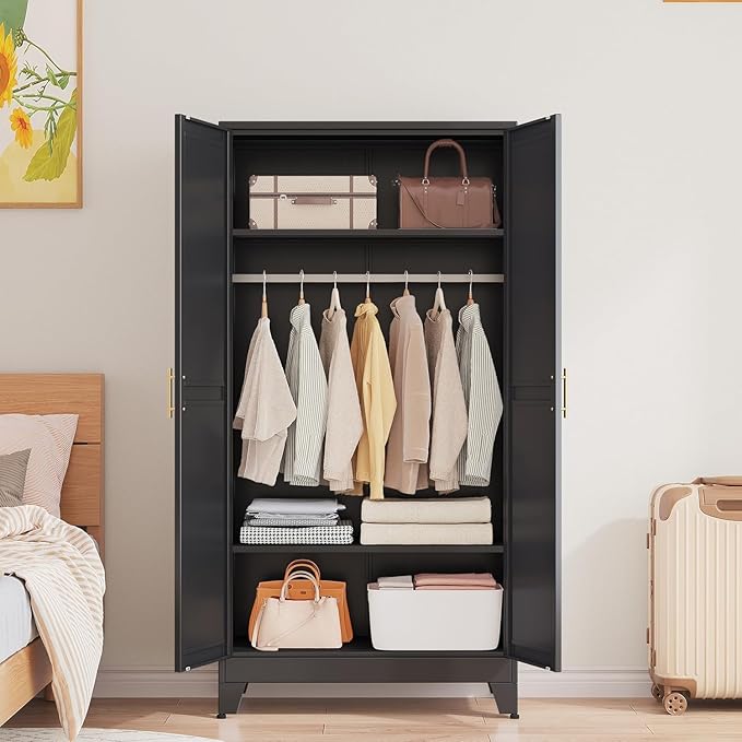 GAIOUS Metal Wardrobe Cabinet with Hanging Rod, 71" Metal Clothing Storage Cabinets with 2 Doors and Adjustable Shelves, Black Armoire Wardrobe Closet for Bedroom, Laundry Room, Cloak Room