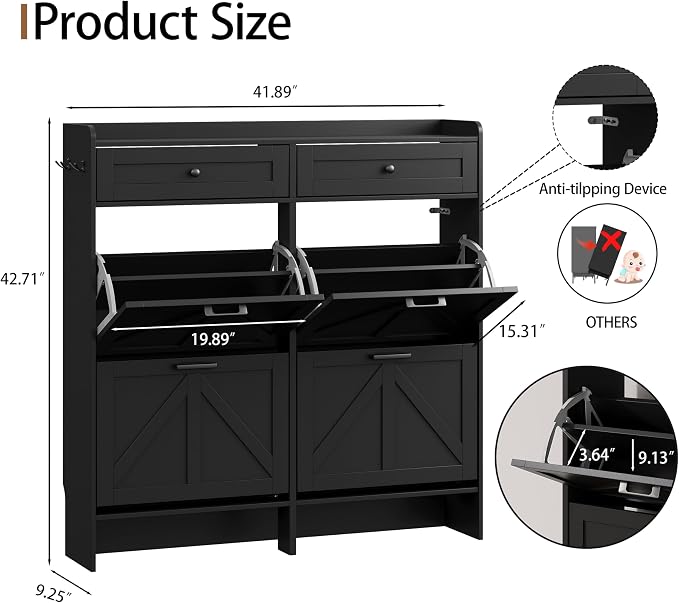 Shoe Cabinet with 4 Flip Drawers & 2 Top Drawers, 43" Tall Freestanding Narrow Wooden Shoe Storage Organizer for Entryway, Hidden Slim Shoe Rack for Front Door Entrance, Hallway, Living Room, Black - Image 2