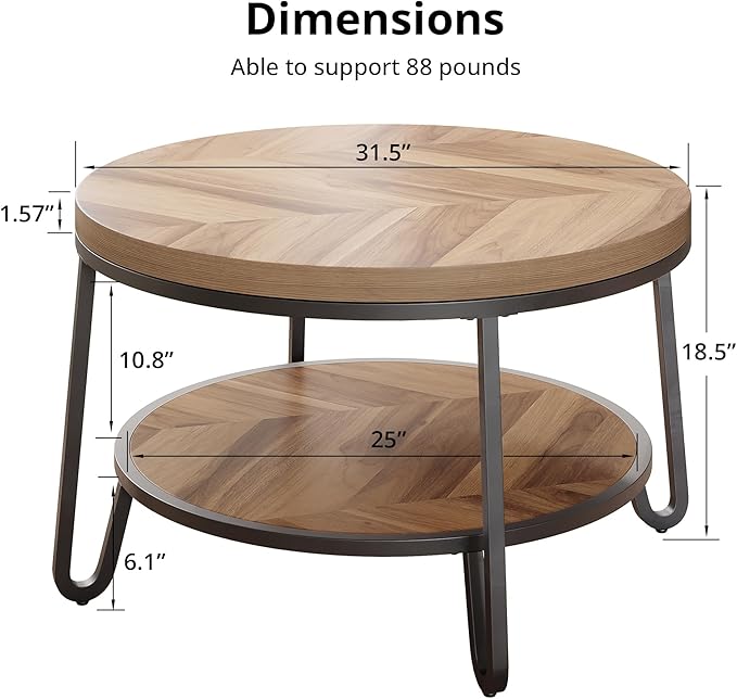 32" Round Coffee Table, Wood Coffee Table for Sectional Sofa with 2-Tier Storage Shelves, Farmhouse Center Table with Wood Grain Desktop, Easy to Assemble