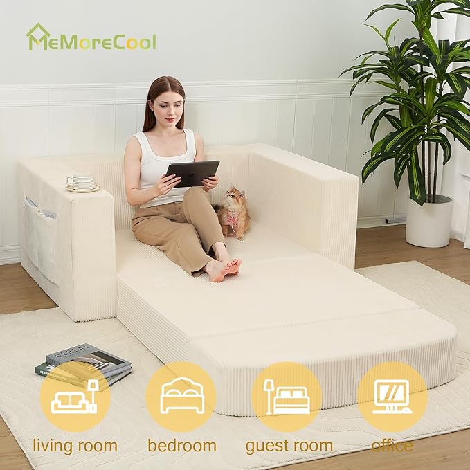 MeMoreCool Convertible Sofa Bed – Small Beige Corduroy Loveseat Sleeper, Boneless Fold-Out Cloud Couch with Foam, Trifold Floor Futon with Washable Cover for Bedroom, Apartment, Guest Room