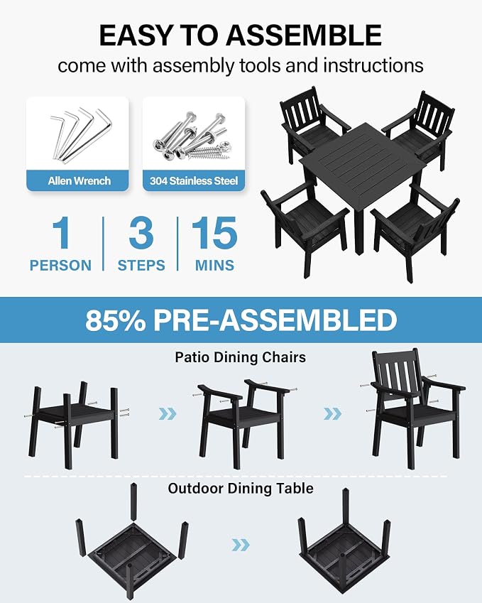 YEFU HIPS Patio Table Set: 5 Piece Outdoor Square Table and Chairs with Metal Aluminum Frame - Black Modern Plastic Patio Dining Furniture Set 4 Person for Outside Deck - Image 2