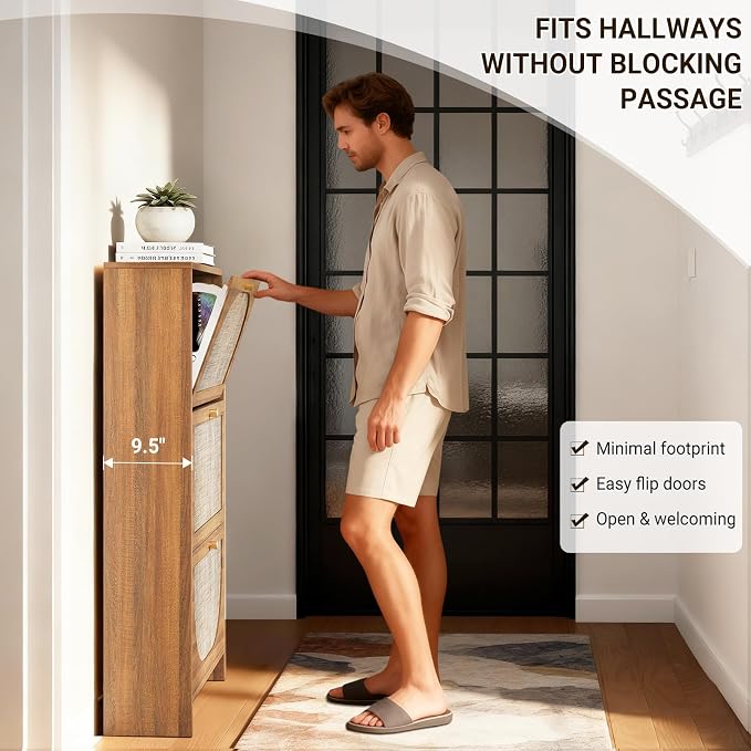 Nicetree Rattan Arched Accent Shoe Storage Cabinet - Freestanding Ultra Slim for Entryway, 3 Flip Drawers & 3-Tier Adjustable Shelves, Farmhouse Modern Rustic Shoe Rack for Hallway, Foyer, Living Room - Image 2