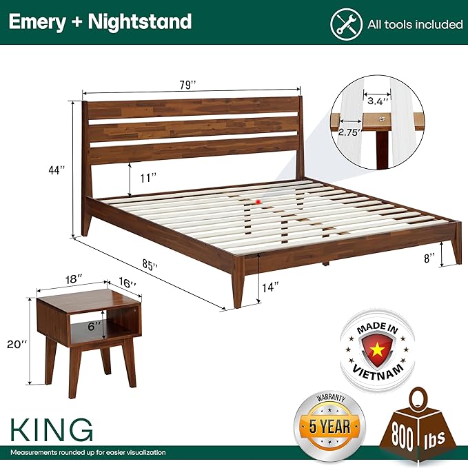 Acacia Emery King Solid Wood Platform Bed Frame with Headboard – Gift Matching Nightstand Included, Farmhouse Mid-Century Modern, Walnut Finish, Sturdy, No Box Spring Needed, Easy Assembly