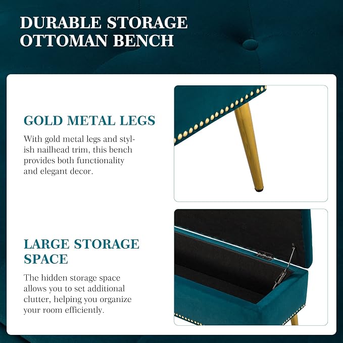 HULALA HOME Modern Velvet Storage Ottoman Bench with Gold Base & Nailhead Trim, Upholstered Bedroom Bench for End of Bed, Button-Tufted Footstool for Entryway Living Room Dining Room, Teal - Image 5