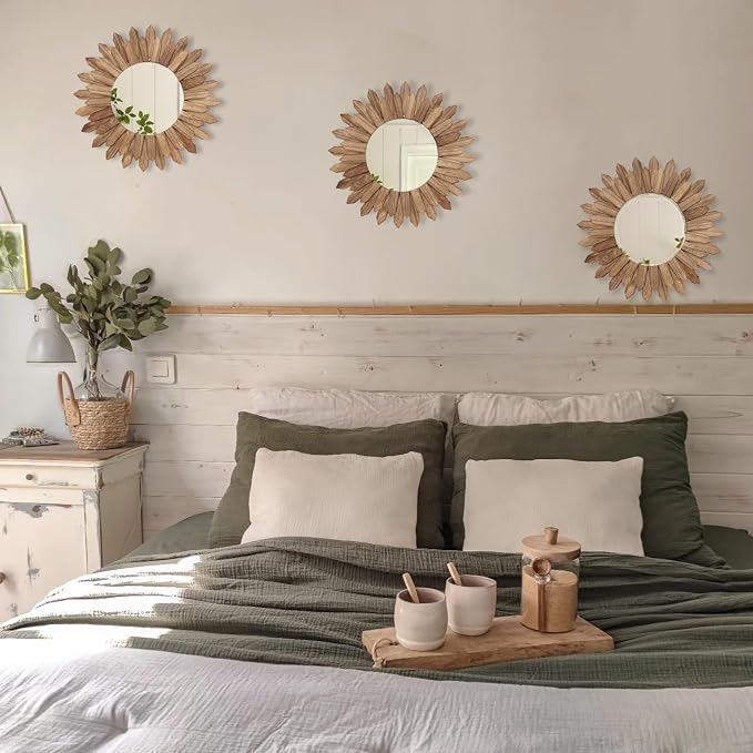 LOSOUR Boho Wall Decor Sunburst Mirror 3 Pack Rustic Round Wood Mirror 12 inch Boho Mirror Home Decor Farmhouse Room Decorations for Bedroom Living Room Entryway - Image 5