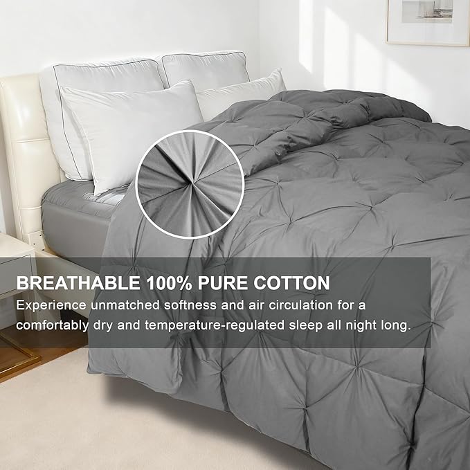 Pinch Pleat Goose Feather Microfiber Down Comforters Queen Size, Grey 100% Cotton Duvet Insert, Fluffy Medium Warmth Bedding Comforter with Corner Loops (Light Grey, 90 x 90 Inch)