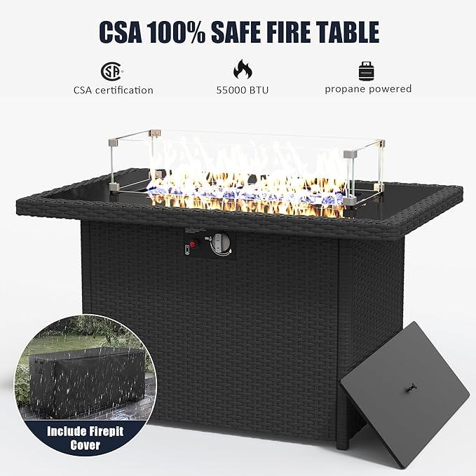 LayinSun 7 Pieces Outdoor Patio Furniture Set with Fire Pit Table, Rattan Wicker Sectional Chairs Sets with Ottomans, Single Chairs and Coffee Table