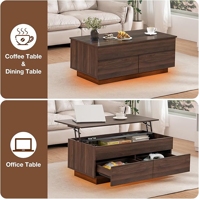 HOMMPA Lift Top Coffee Table with LED Light Morden Coffee Table with Storage High Gloss Walnut Coffee Table for Living Room Tea Table with Storage Center Tables Hidden Compartment & 2 Drawers