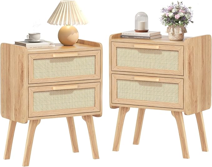 Lerliuo Rattan Nightstands Set of 2, Boho Night Stand with 2 Drawers, Cane Accent Side End Table, Bedside Table with Solid Wood Legs for Bedroom, Dorm and Small Spaces (Natural) by Lerliuo