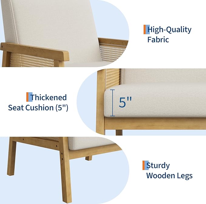 IDEALHOUSE Rattan Accent Chair, Linen Armchair, Upholstered Reading Chair with Wooden Frame and High Back, Leisure Chairs for Living Room Bedroom Waiting Room Reception, Beige