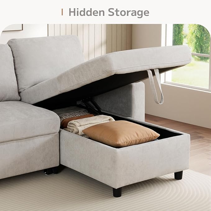 L-Shaped Sleeper Sofa with Chaise Lounge & Storage, Pull-Out Couch Bed with Recliner, Full Size Futon for Living Room, Office, Apartment Beige