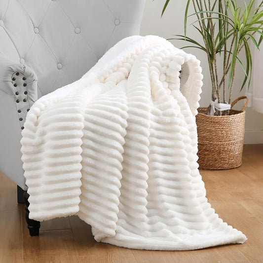 Cream White Sherpa Fleece Throw Blanket 50?€???60?€? for Couch Sofa Bed, Double Side Soft Fuzzy Cozy Plush Thick Flannel Blanket with Striped Design Gift for Adults,Woman,Girls
