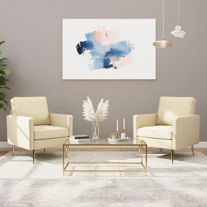 VINGLI Modern PU Leather Accent Chair, Single Sofa Chair with Pocket Coil Seat, Metal Backrest & Solid Wood Frame, Upholstered Armchair for Living Room, Bedroom or Office