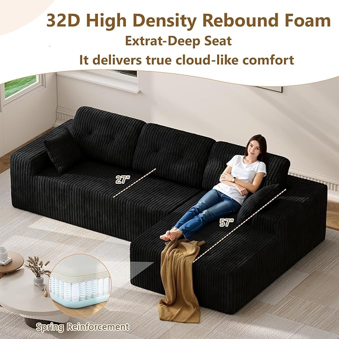 Ball & Cast 106'' Convertible Sectional Sofa for Living Room,Modern Modular L-Shaped Couch,Boneless Comfy Corduroy Fluffy Couch with Deep Seat,Hight Weight Capacity,Right Facing Chaise (Black)