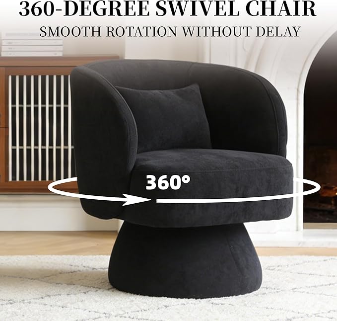ClinQ Swivel Barrel Chair with Pillow, Cloud Velvet Accent Chair, Upholstered Cuddle Reading Lounge Chair, 360° Modern Round Swivel Curved Armchair for Living Room, Bedroom, Office, Black
