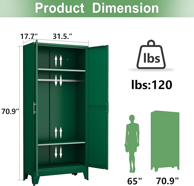 Ckzbx 71" H Metal Armoire Wardrobe Closet, Adjustable Shelve, Clothes Drying Pole, Steel Wardrobe Cabinet for Bedroom (Green)