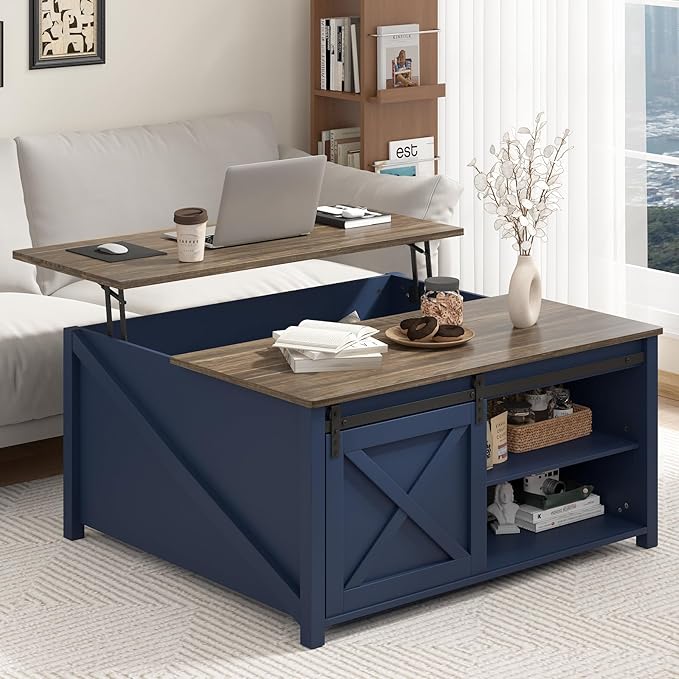PUKAMI Lift Top Coffee Table with Storage, 31.5" Farmhouse Coffee Table for Living Room, Square Coffee Tables with Large Hidden Storage and Sliding Barn Doors, Navy Blue