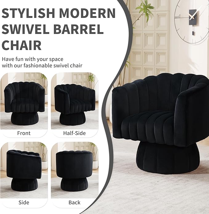Swivel Accent Barrel Round Chair - Comfy 360° Arm Chairs Cute Small Sofa Club Velvet Reading Chair for Living Room Bedroom Office - Black